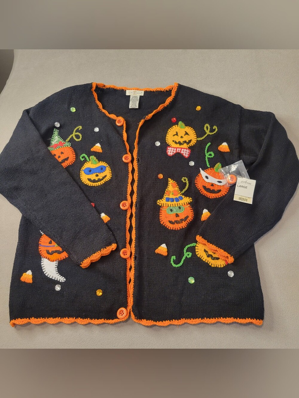 Yarnworks Halloween Vintage Pumpkins Knit Bkack Button Sweater Size Large